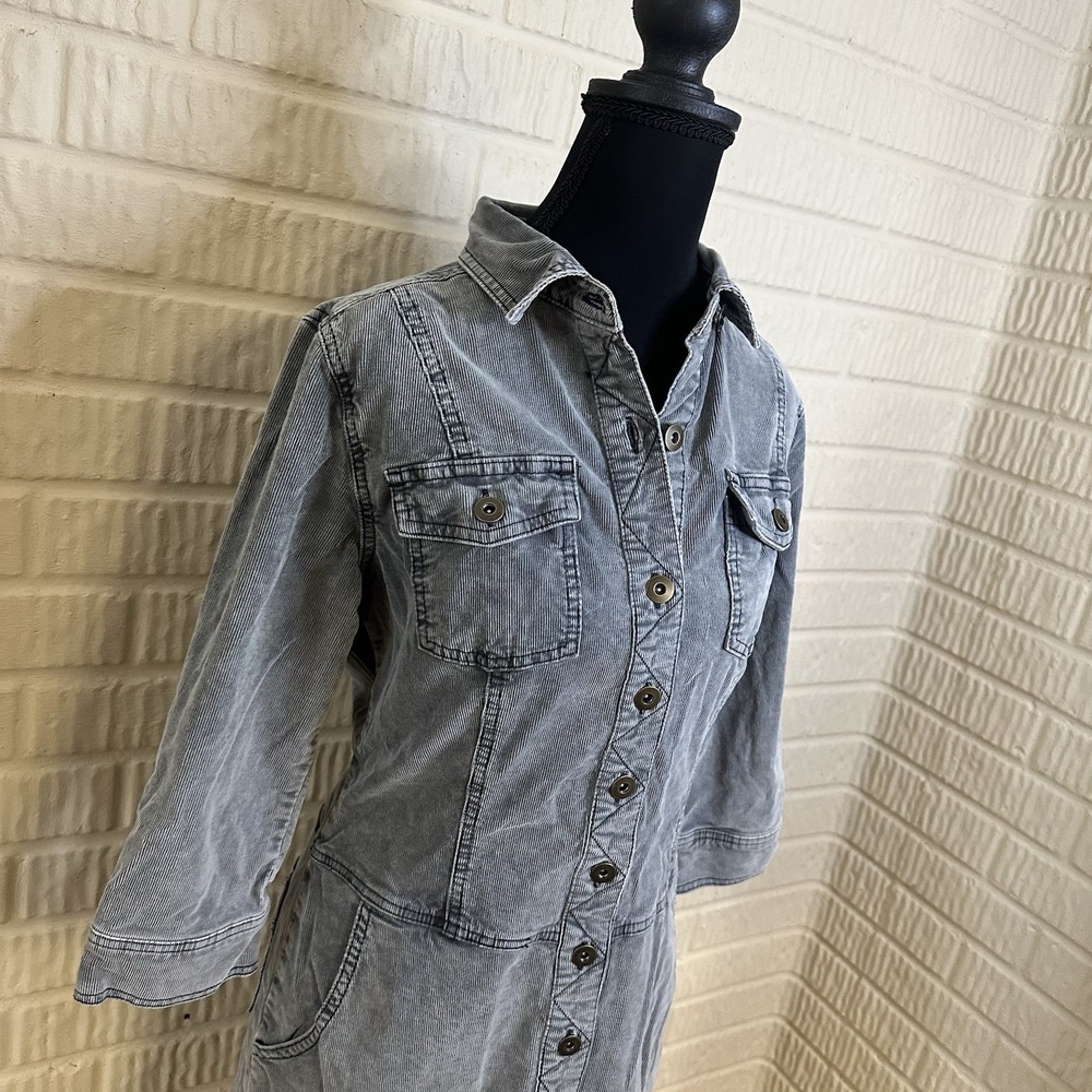 PrAna Corduroy Merrigan Shirt Dress Sz XS Gray Utility Gorpcore 3/4 Sleeve Goth - Picture 2 of 6